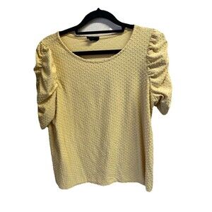 W5 Womens Pullover Swiss Dot Top Size L Yellow Short Pleated Puff Sleeve Stretch